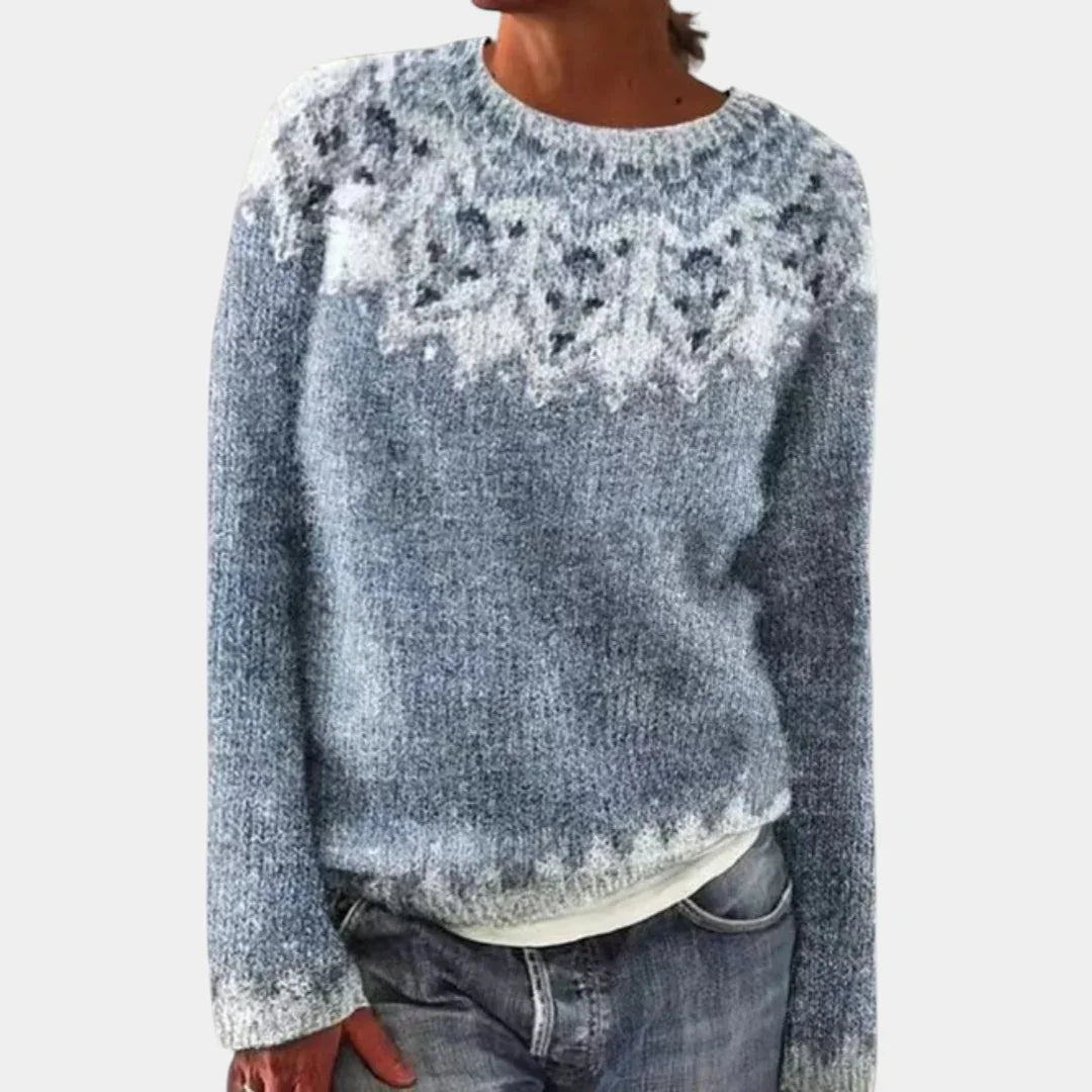 Light blue speckled knit sweater with crew neck, long sleeves, ribbed collar
