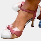 Vintage orthopedic high-heel shoes, pink and white colorblock with block heel and ankle strap