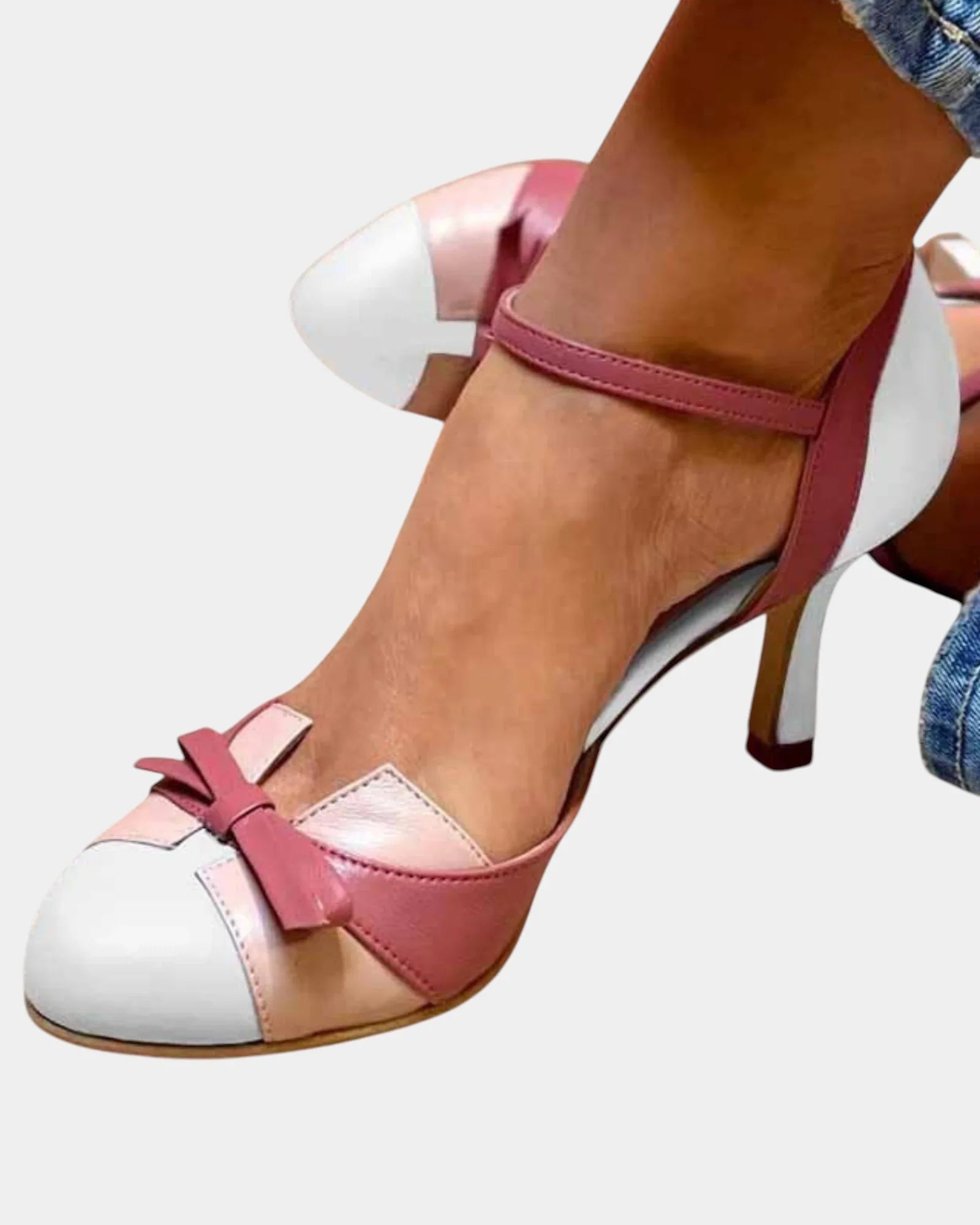 Vintage orthopedic high-heel shoes, pink and white colorblock with block heel and ankle strap