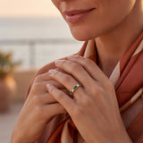 Gold ring with green rectangular stones separated by small clear accents