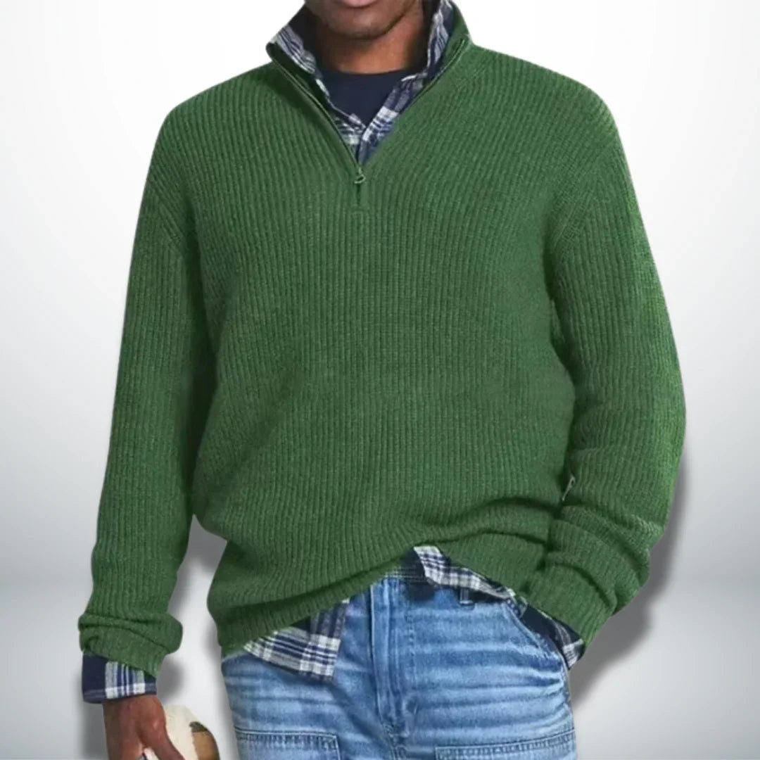Green knit quarter-zip sweater with ribbed cuffs and hem.