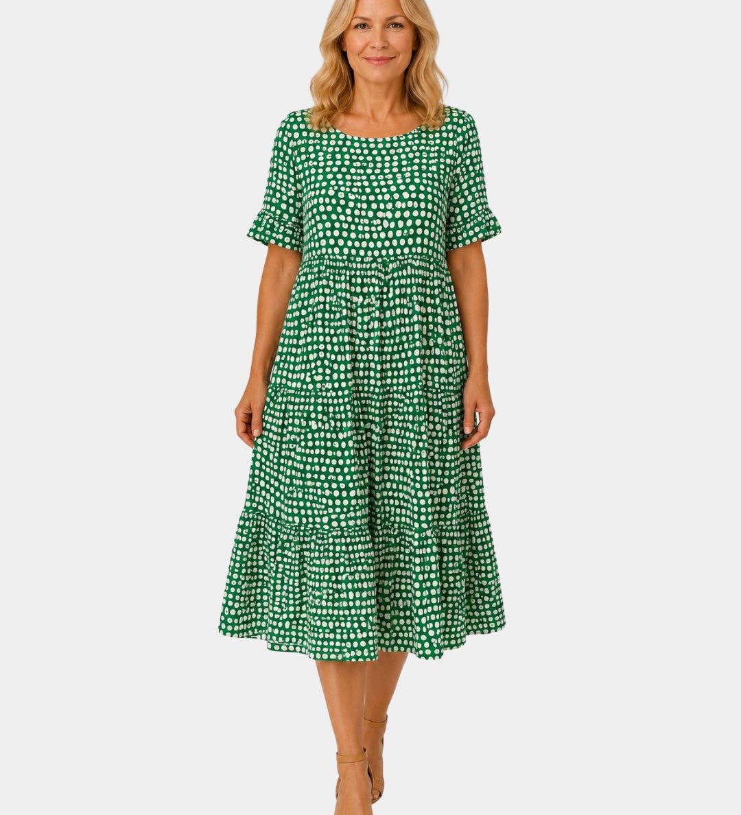 Green polka dot lightweight dress with short sleeves and gathered waist