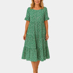 Green polka dot lightweight dress with short sleeves and gathered waist