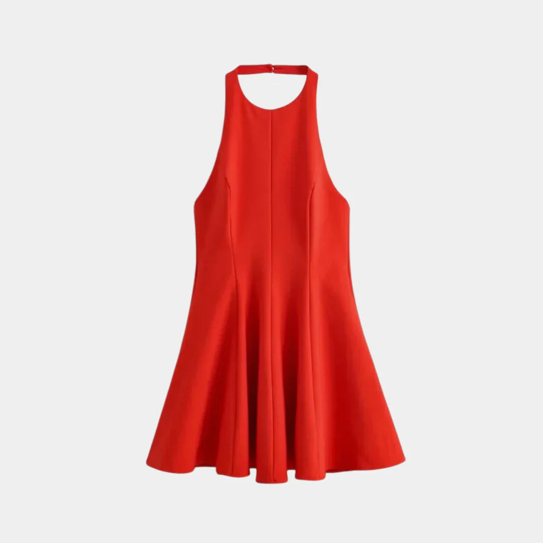 Red sleeveless A-line mini dress with round neckline and flared skirt