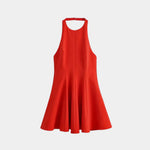 Red sleeveless A-line mini dress with round neckline and flared skirt