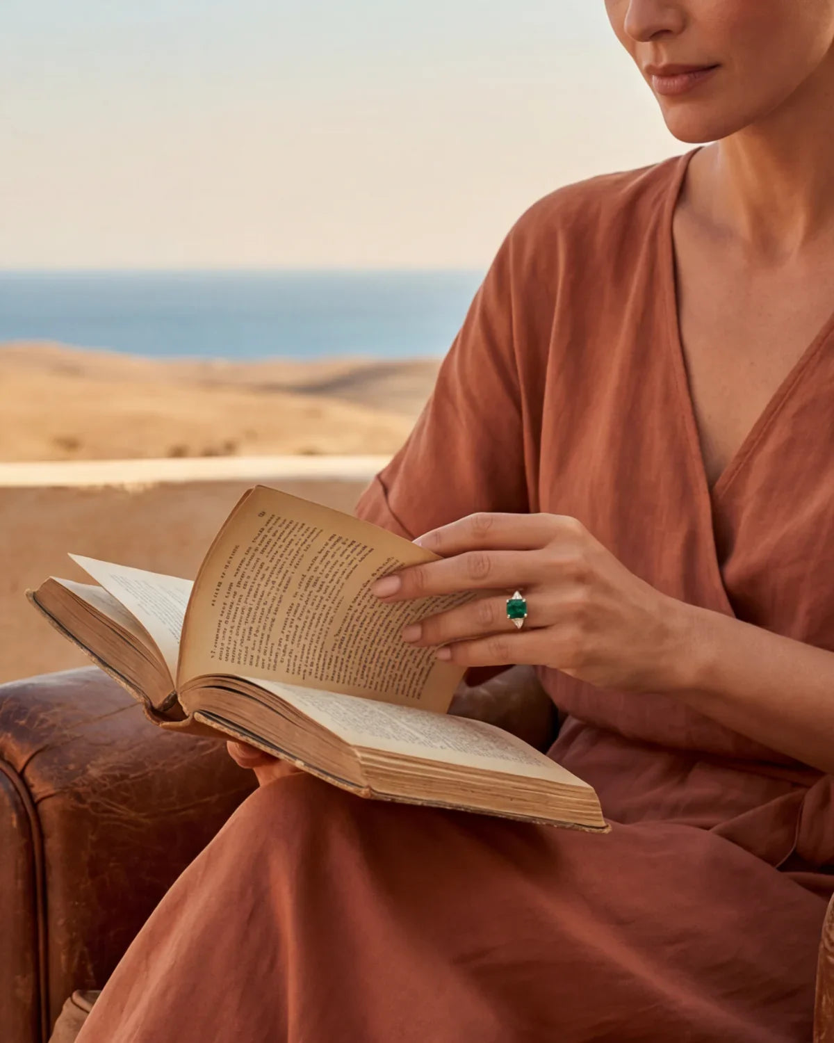 Gold ring with green stone on finger while holding an open book