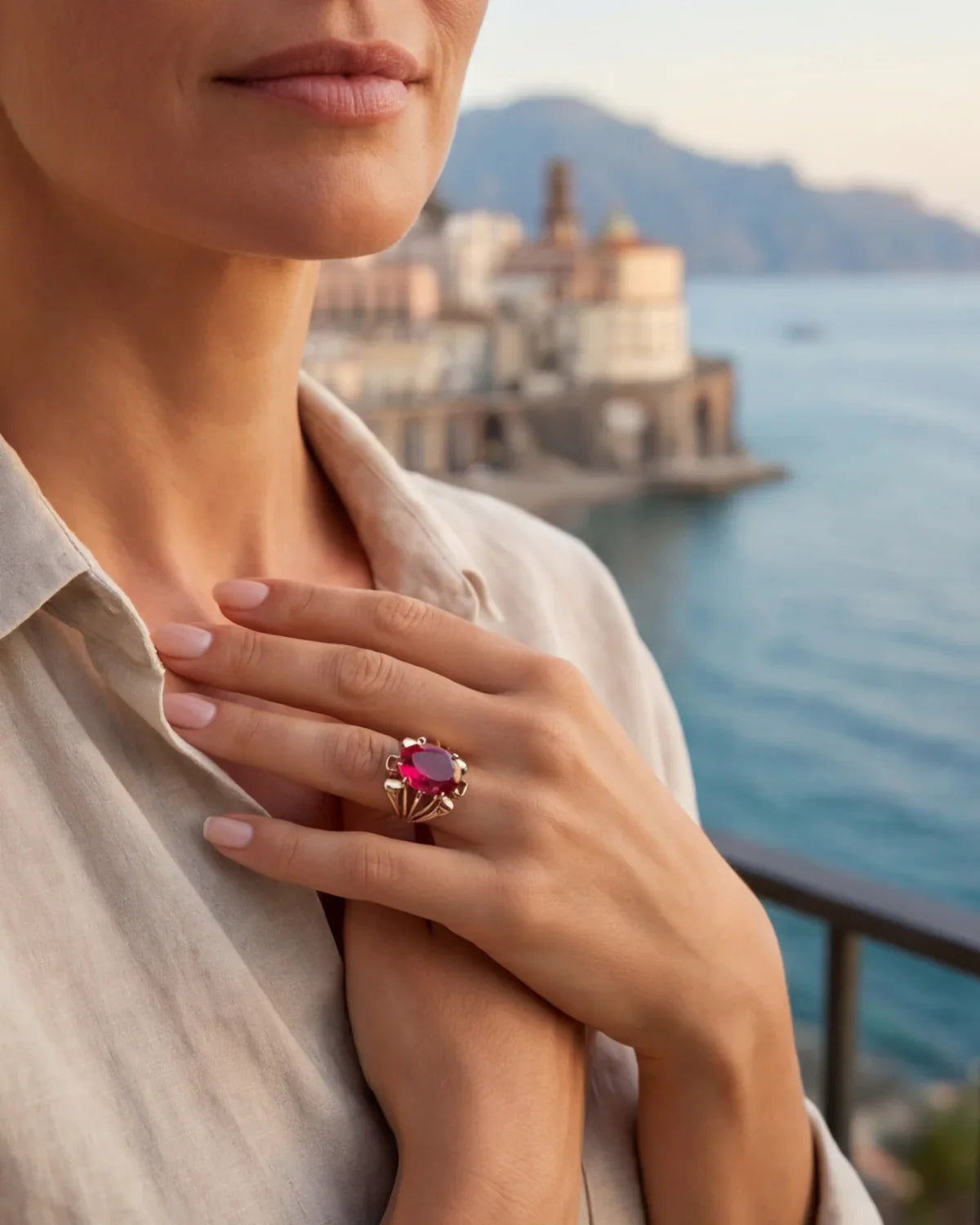 Livia sapphire ring on finger, gold setting with oval pink-magenta gemstone