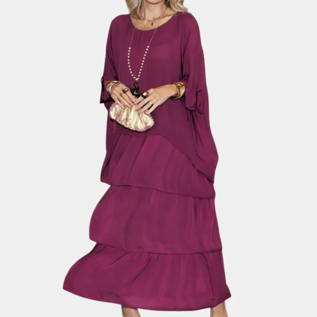 Burgundy tiered maxi dress with draped long sleeves and layered ruffle skirt