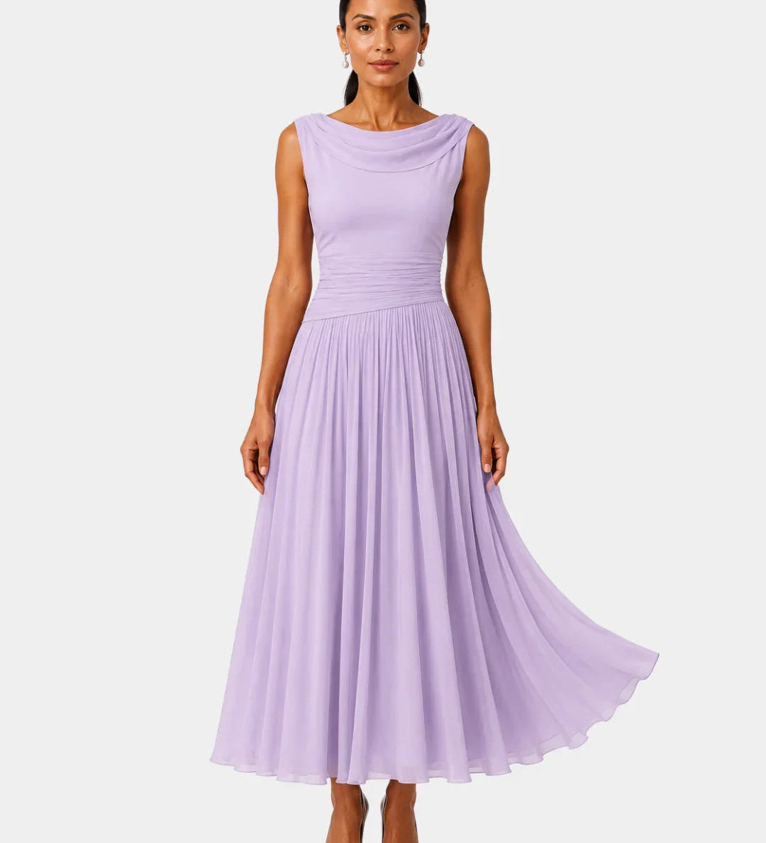 Odelinde sleeveless cowl-neck midi dress, lavender pleated gathered skirt