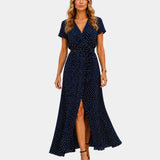 Women's wrap V-neck midi dress, short sleeves, dark navy tiny dot print, front slit