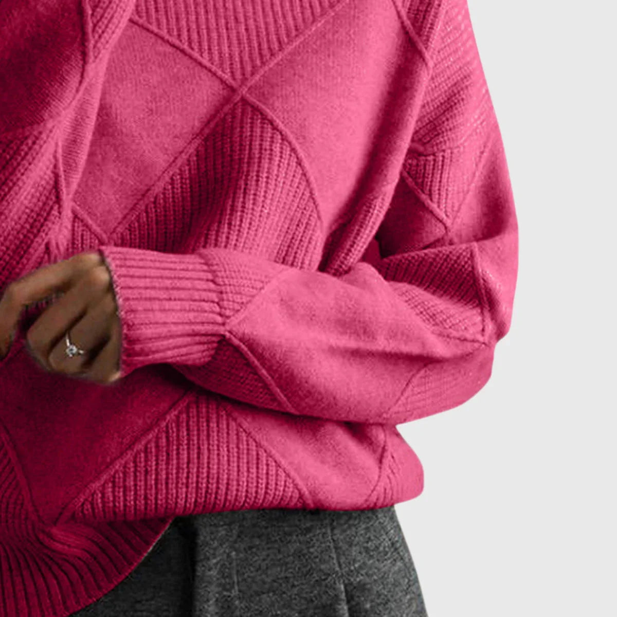 Lauren high-neck pullover sweater sleeve detail, magenta knit ribbing and crossed diamond design