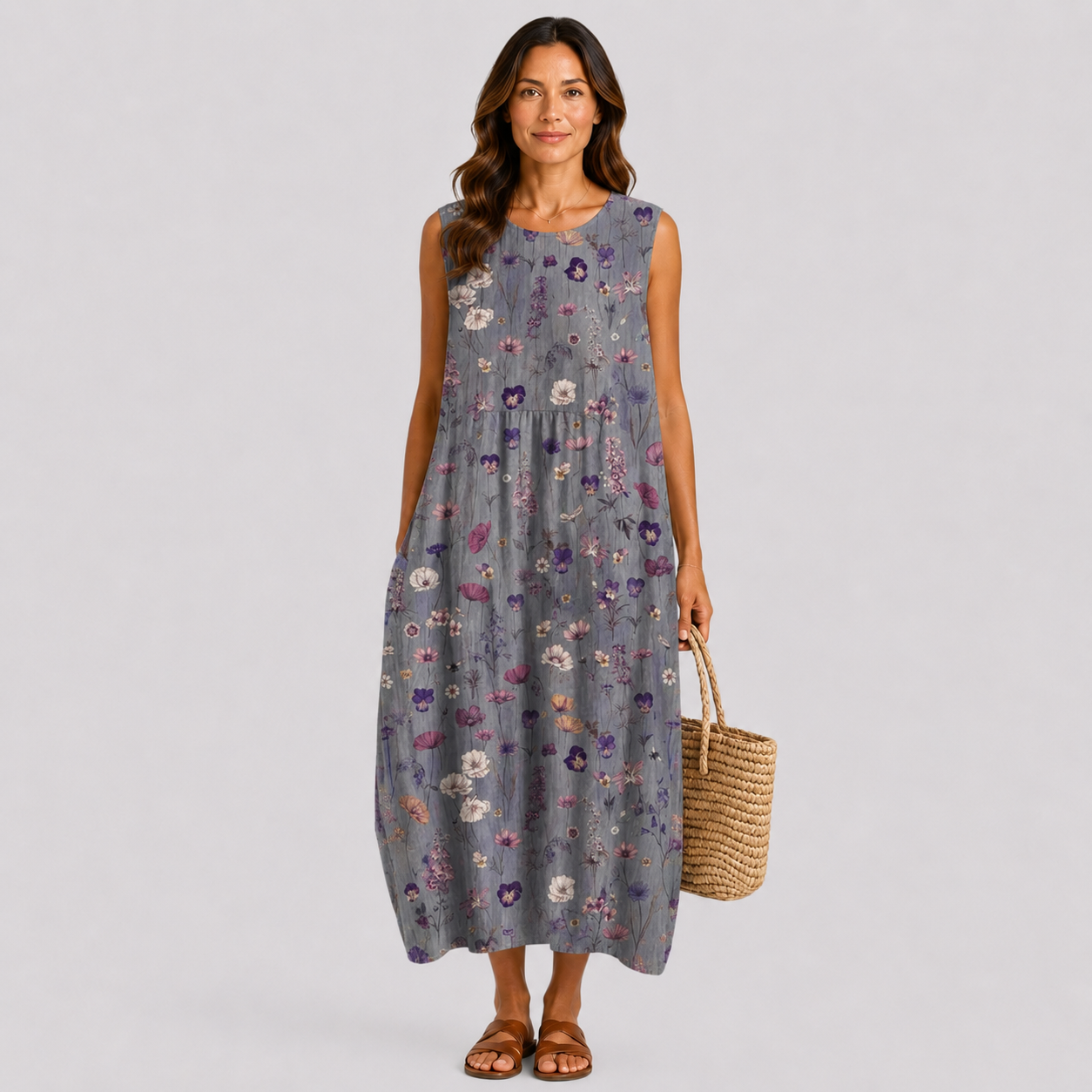 Floral sleeveless summer dress with gathered skirt, round neckline, dark gray base.