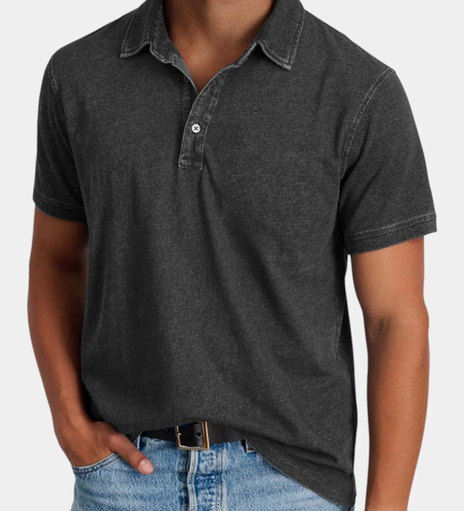 Black classic polo shirt with short sleeves, button placket, and collared neckline