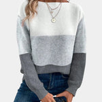 Two-tone knit pullover with crew neck, light gray upper and medium gray mid band