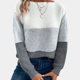Two-tone knit pullover with crew neck, light gray upper and medium gray mid band