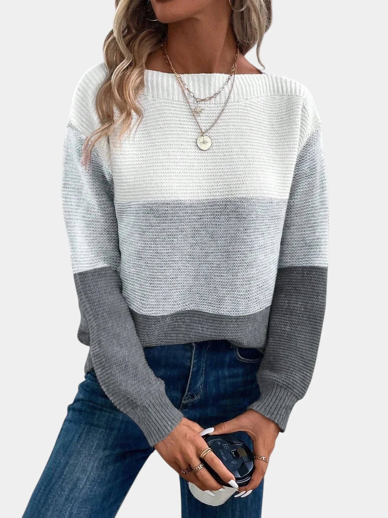 Two-tone knit pullover with crew neck, light gray upper and medium gray mid band
