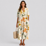 Floral summer midi dress with V-neck and short sleeves, relaxed fit, cream base