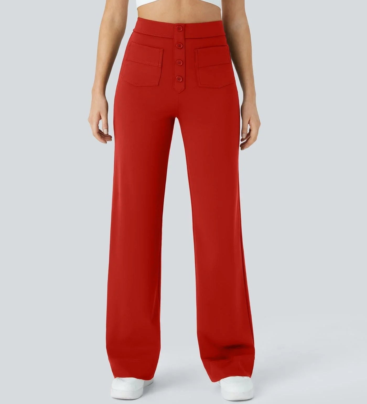 Red wide-leg elastic pants with button-front detail and side pockets