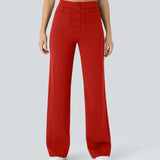 Red wide-leg elastic pants with button-front detail and side pockets
