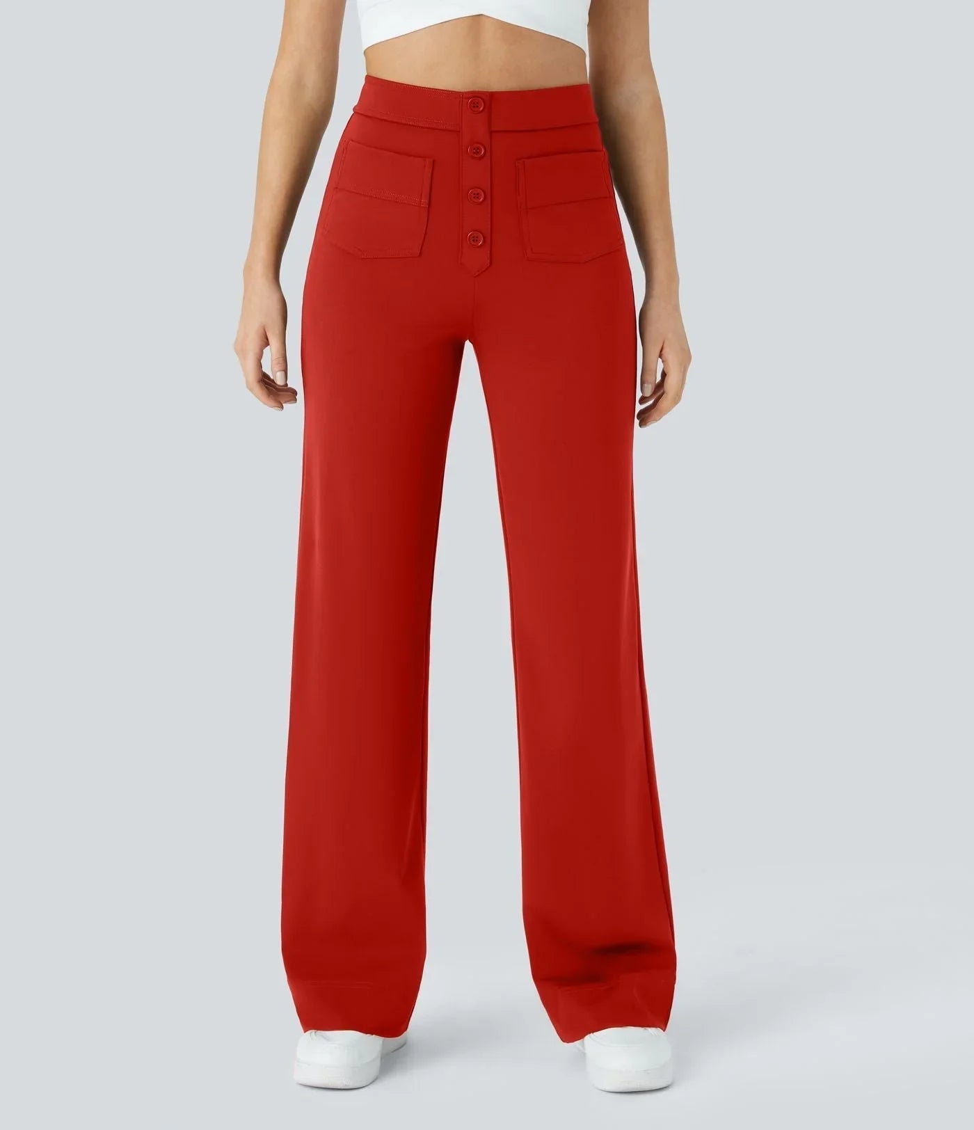 Red wide-leg elastic pants with button-front detail and side pockets