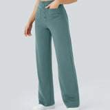 Teal wide-leg pants with button-front and front pockets, elastic waist