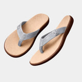 Orthopedic arch-support sandals, light gray flip-flops with adjustable silver-tone buckle strap