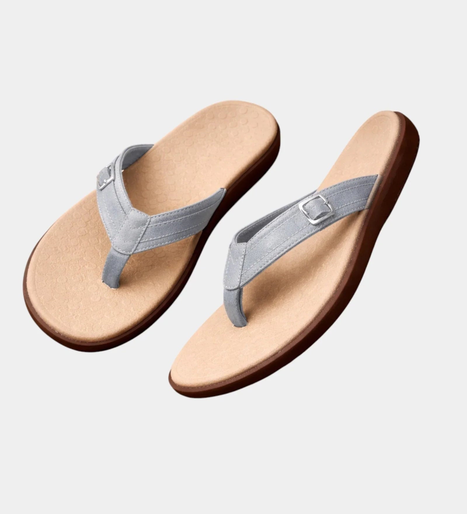 Orthopedic arch-support sandals, light gray flip-flops with adjustable silver-tone buckle strap