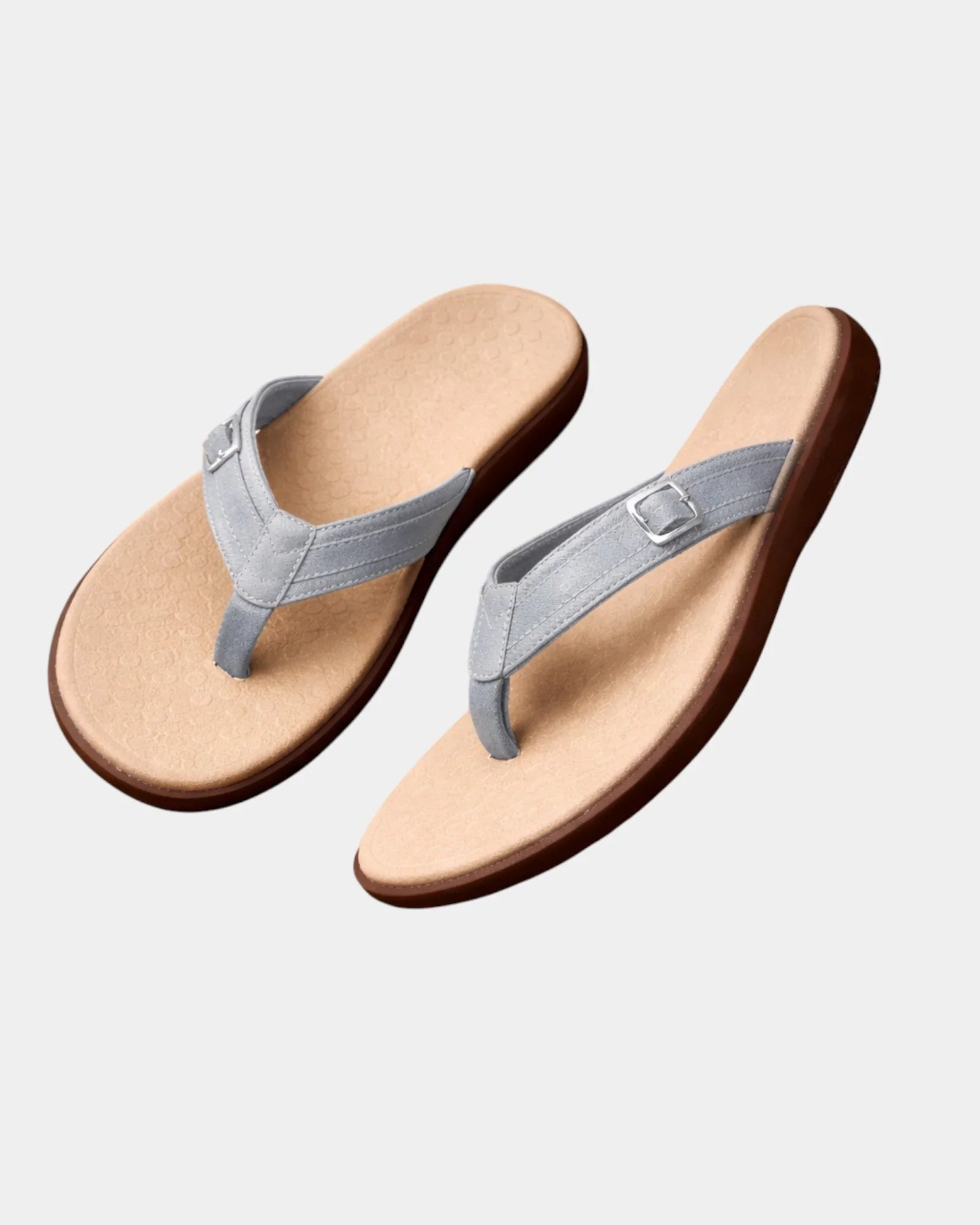 Orthopedic arch-support sandals, light gray flip-flops with adjustable silver-tone buckle strap