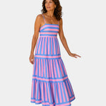 Blue and pink striped strappy tiered maxi dress with spaghetti straps and layered skirt.