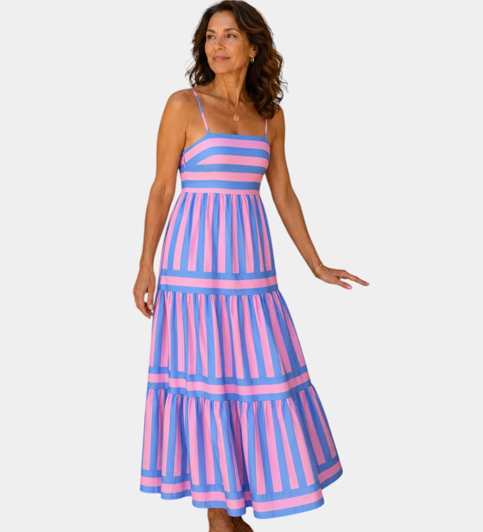 Blue and pink striped strappy tiered maxi dress with spaghetti straps and layered skirt.