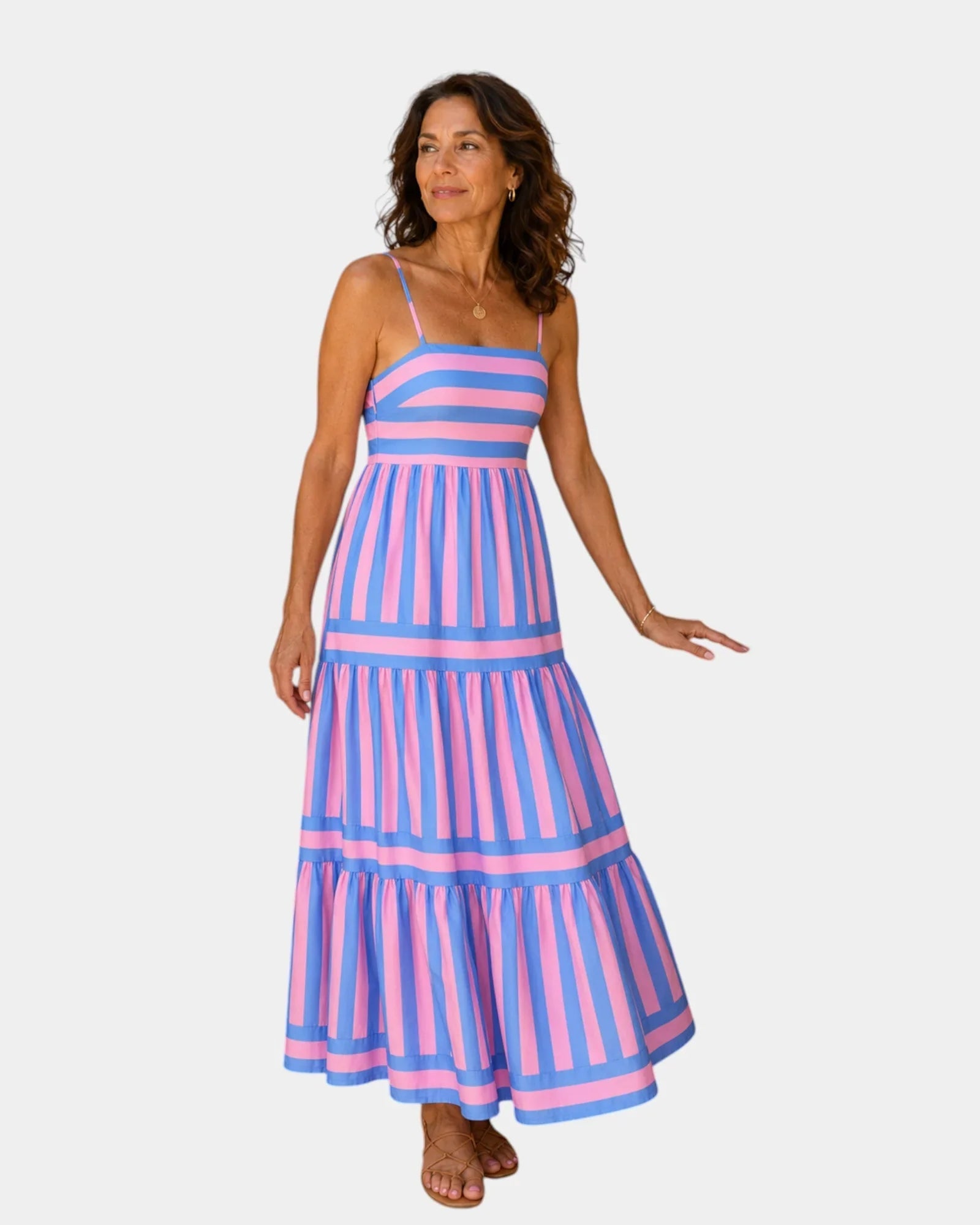Blue and pink striped strappy tiered maxi dress with spaghetti straps and layered skirt.