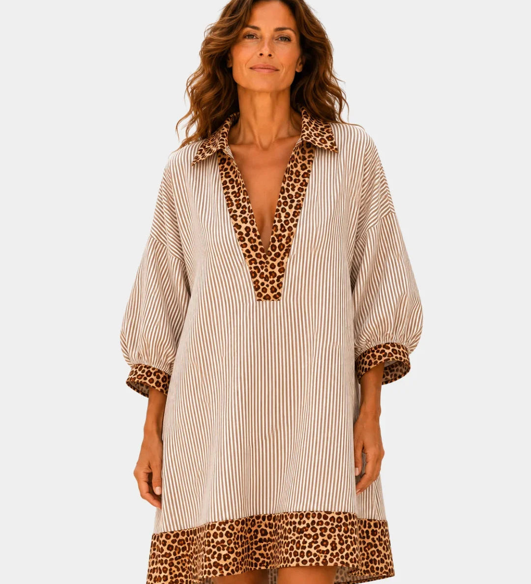 Leopard print V-neck striped dress in cream with brown leopard hem and cuffs