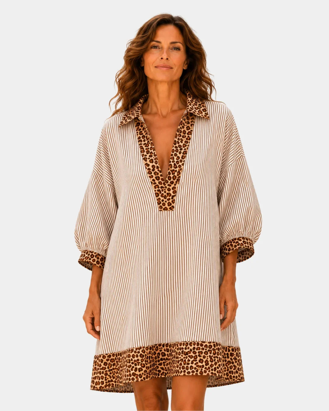 Leopard print V-neck striped dress in cream with brown leopard hem and cuffs