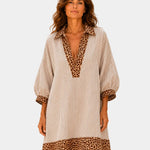 Leopard print V-neck striped dress in cream with brown leopard hem and cuffs