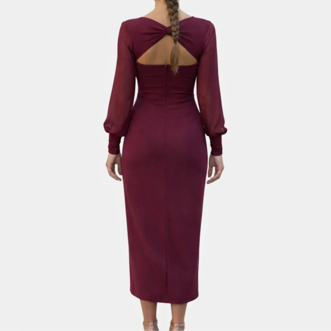 Burgundy midi dress with long sleeves, draped open back