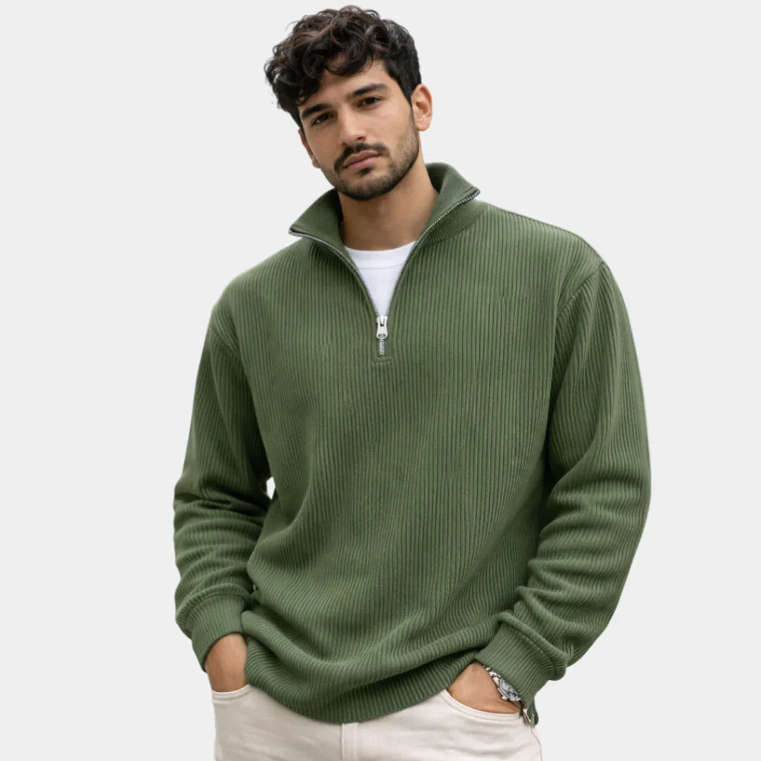 Military green ribbed quarter-zip sweater with long sleeves and half-button placket