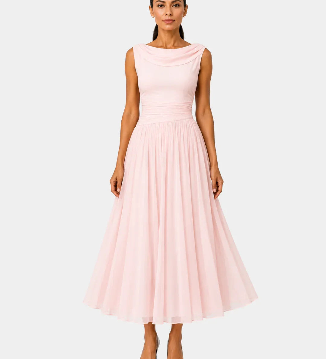 Odelinde sleeveless cowl-neck midi dress, pale pink gathered pleated skirt