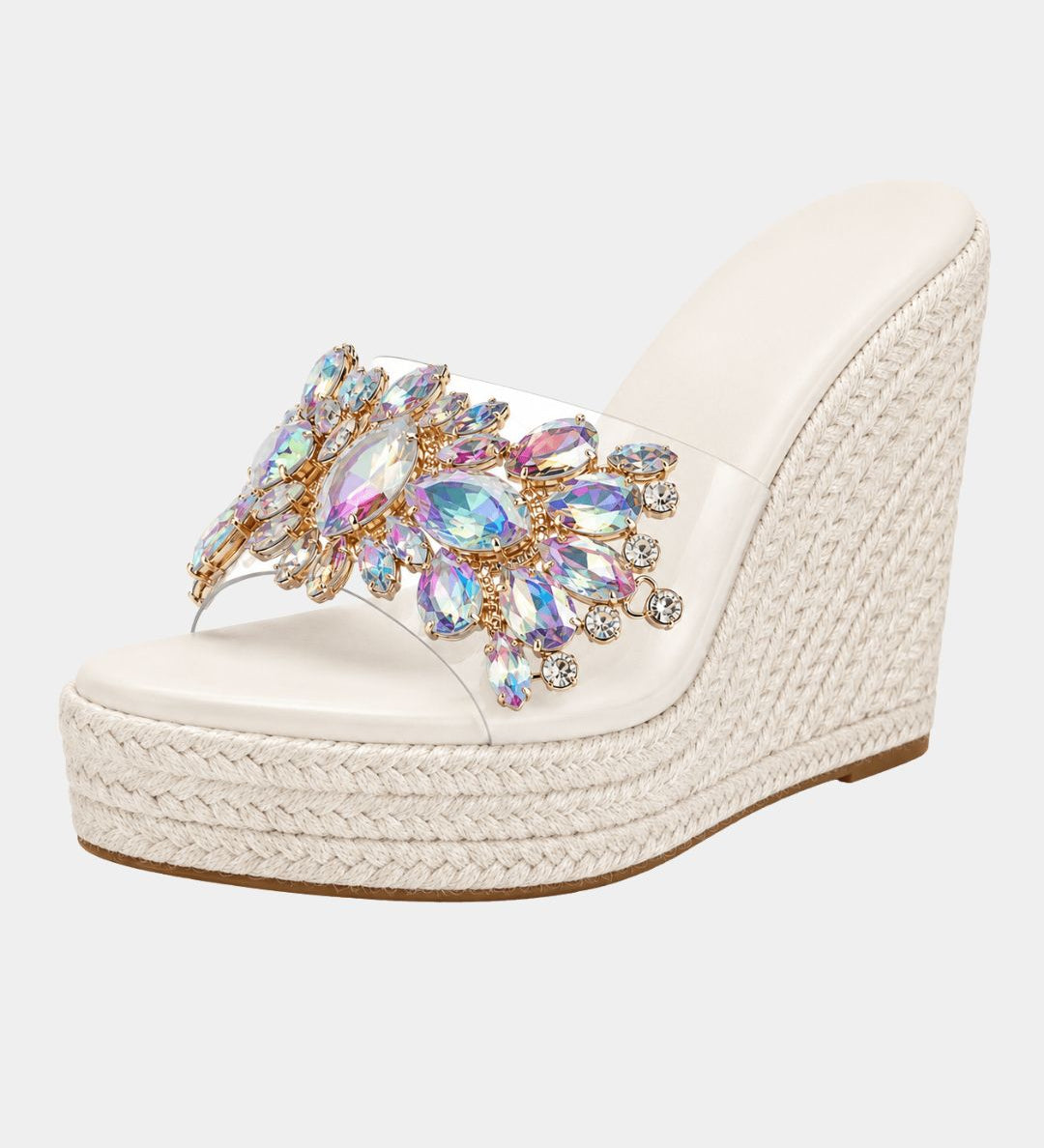 White heeled platform sandals with multicolor jeweled floral strap and woven wedge
