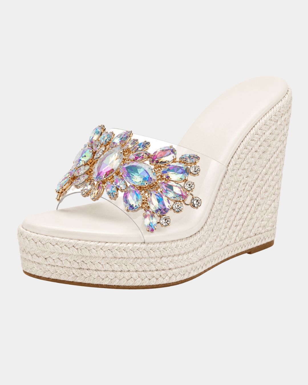 White heeled platform sandals with multicolor jeweled floral strap and woven wedge