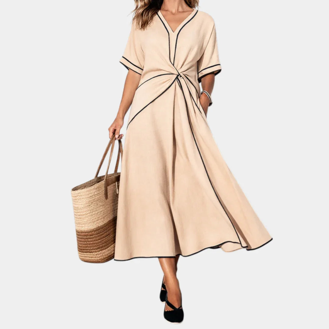 Beige V-neck spring dress with short sleeves, waist knot, and A-line midi skirt