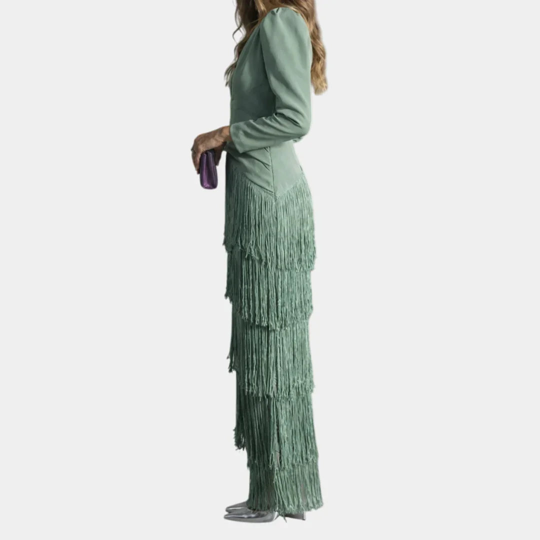 Light green midi dress with tiered fringe skirt and long sleeves