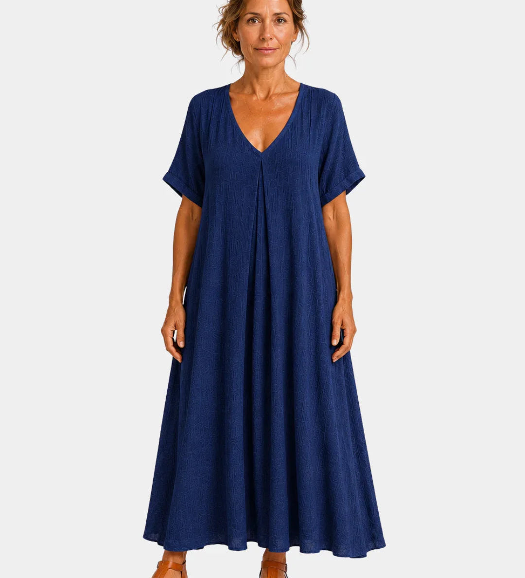 Blue lightweight long dress with V-neck, short sleeves and gathered, flared skirt.