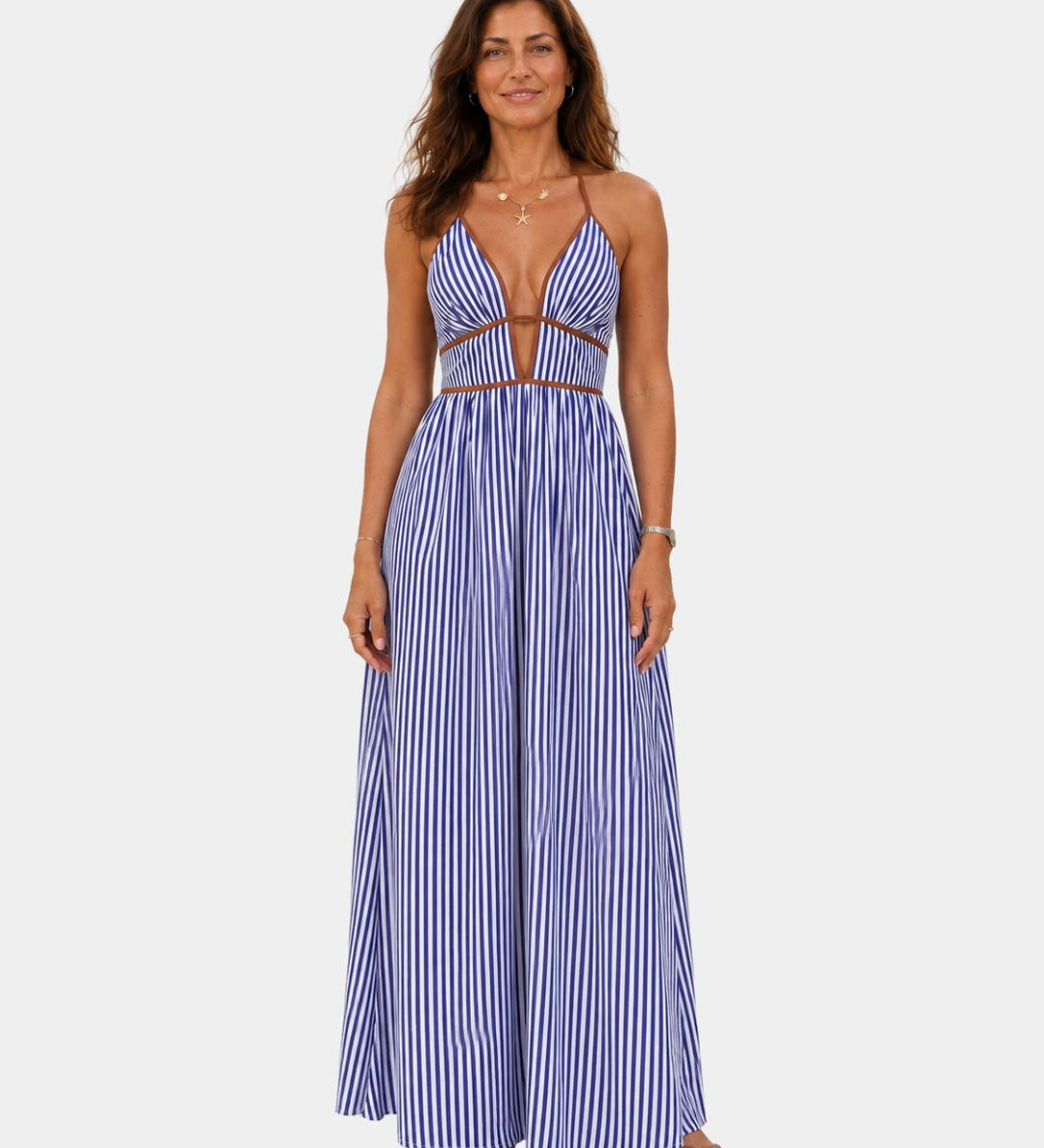 Blue and white striped long summer dress with open keyhole neckline