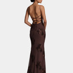 Brown backless maxi dress with lace-up back