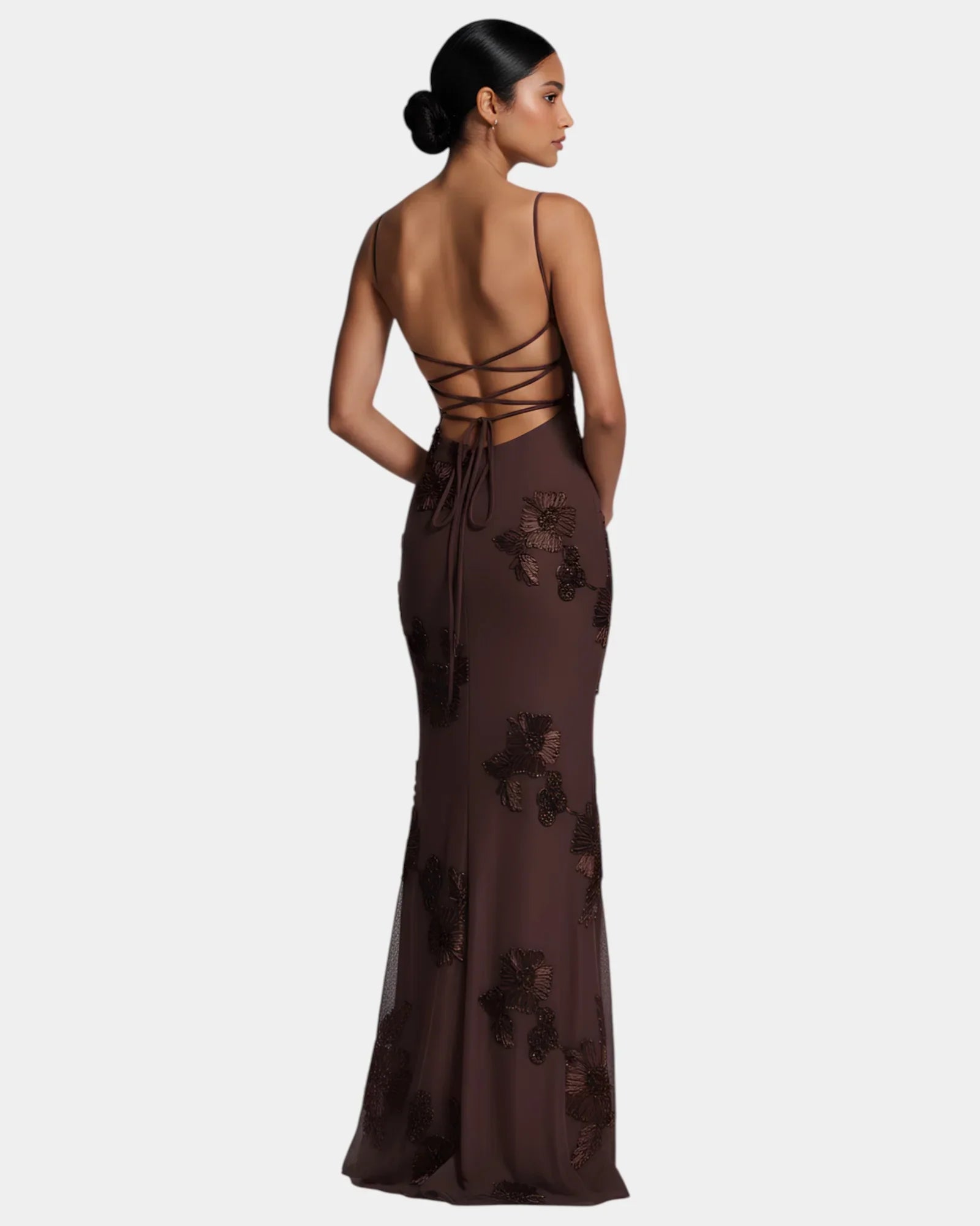 Brown backless maxi dress with lace-up back