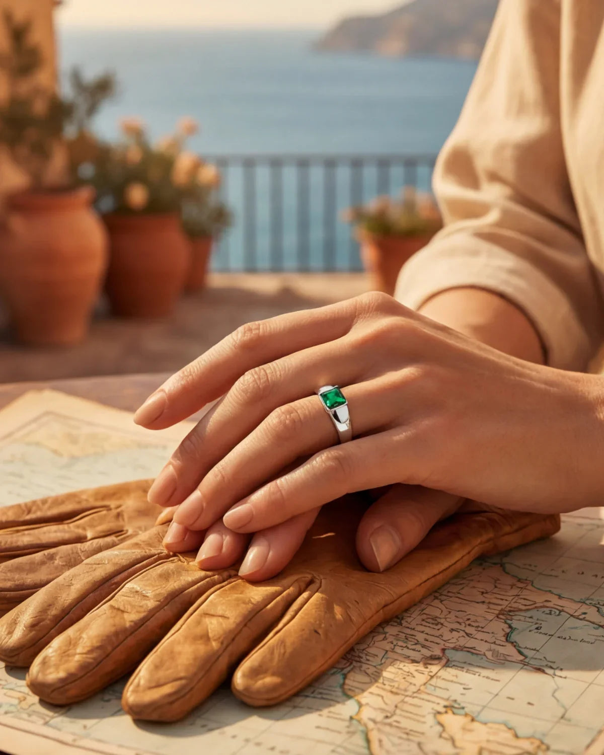 Gold-tone ring with a green square gemstone on the finger