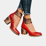 Red snake-print ankle-strap block heel shoes with double buckles and chunky heel