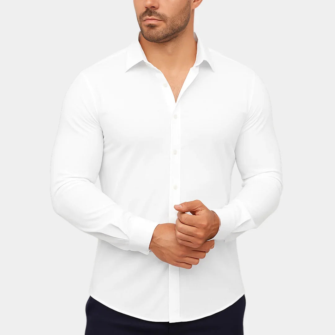 Men's white stretch dress shirt with button-front and spread collar, long sleeves.