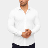 Men's white stretch dress shirt with button-front and spread collar, long sleeves.