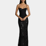 Black long evening dress with spaghetti straps and corset-style lace detailing